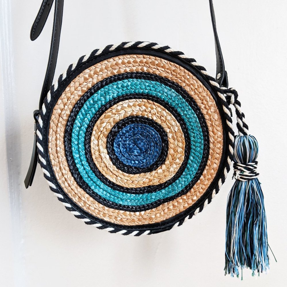 Rebecca Minkoff Round Woven Crossbody in Natural, Teal & Navy with Tassel
